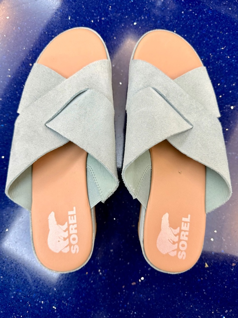 Sorel Cameron Flatform Mule - Cork Platform Sandal- crushed blue, sea salt - Picture 10 of 12